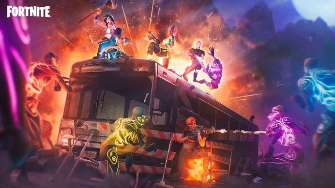 Fortnite characters fighting against monsters against a colourful backdrop.