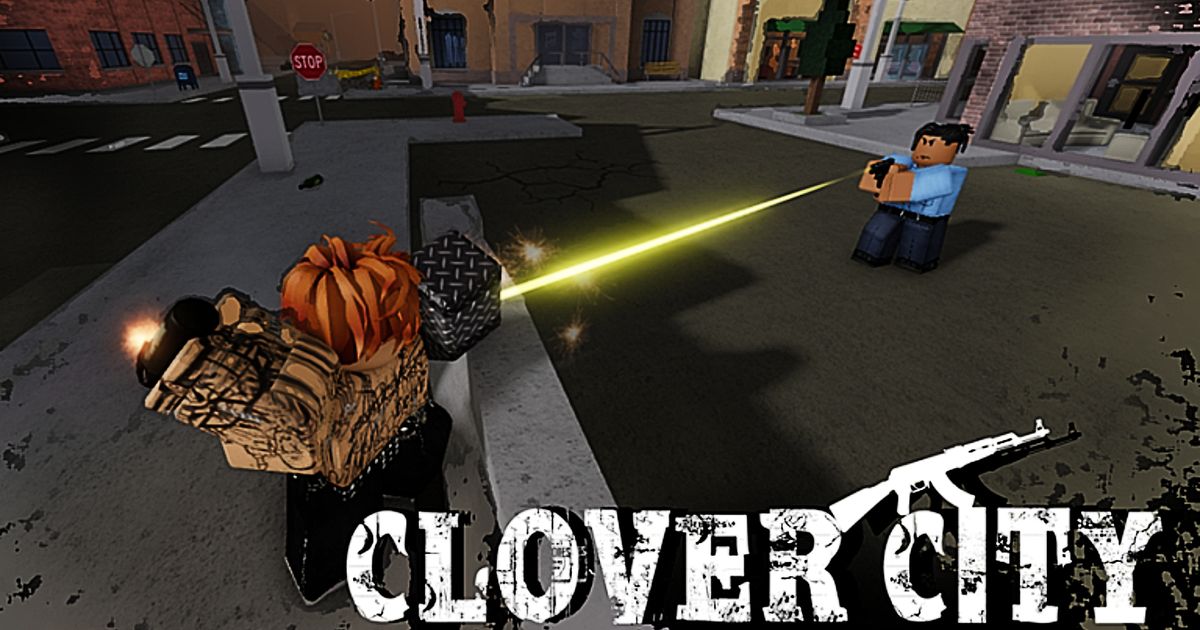 "Clover City" - two Roblox men fighting with guns in a parking lot