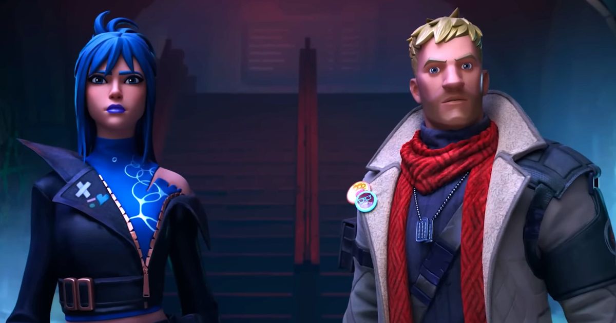 Fortnite - blue haired woman (left) and blonde man (right) stood in front of a staircase looking at the camera
