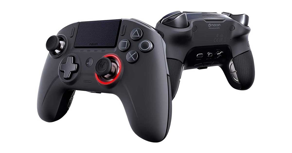 Nacon Revolution Unlimited Pro product image of a black controller shot from the front and back, with a red light around the thumbstick.