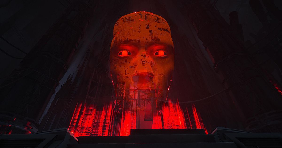 Ghostrunner 2 boss Rahu, a holographic red head, staring at the player