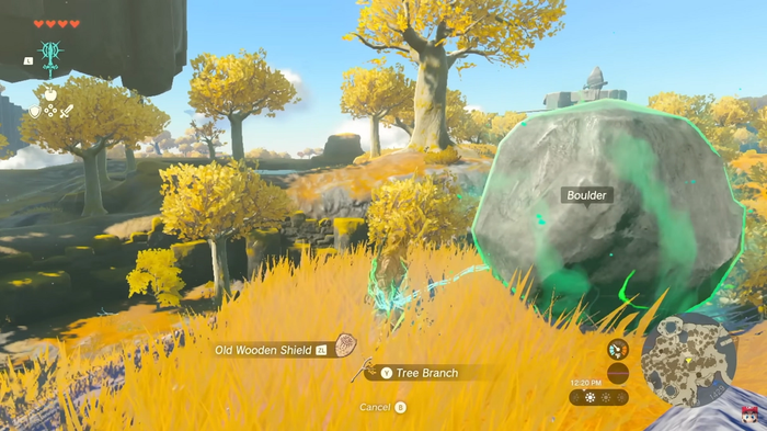 Link fusing a boulder in Zelda Tears of the Kingdom.