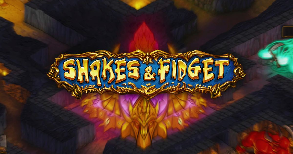 "Shakes and Fidget" emblazoned in bright text over a stone maze