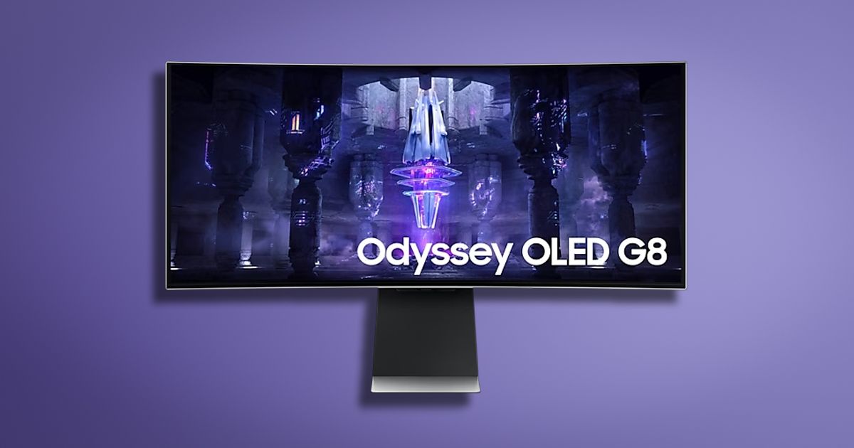 A dark gray ultrawide monitor with a purple Sci-Fi scene on the display in front of a purple gradient background.