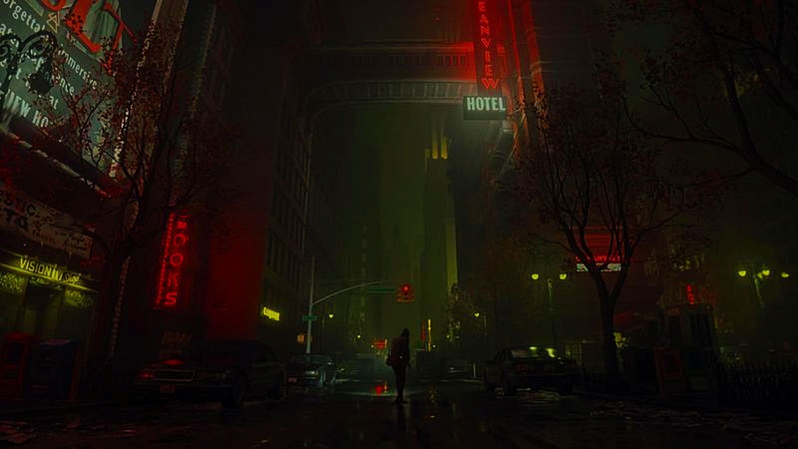 A person stands in an alley, lit by neon lights from the buildings either side of the street.