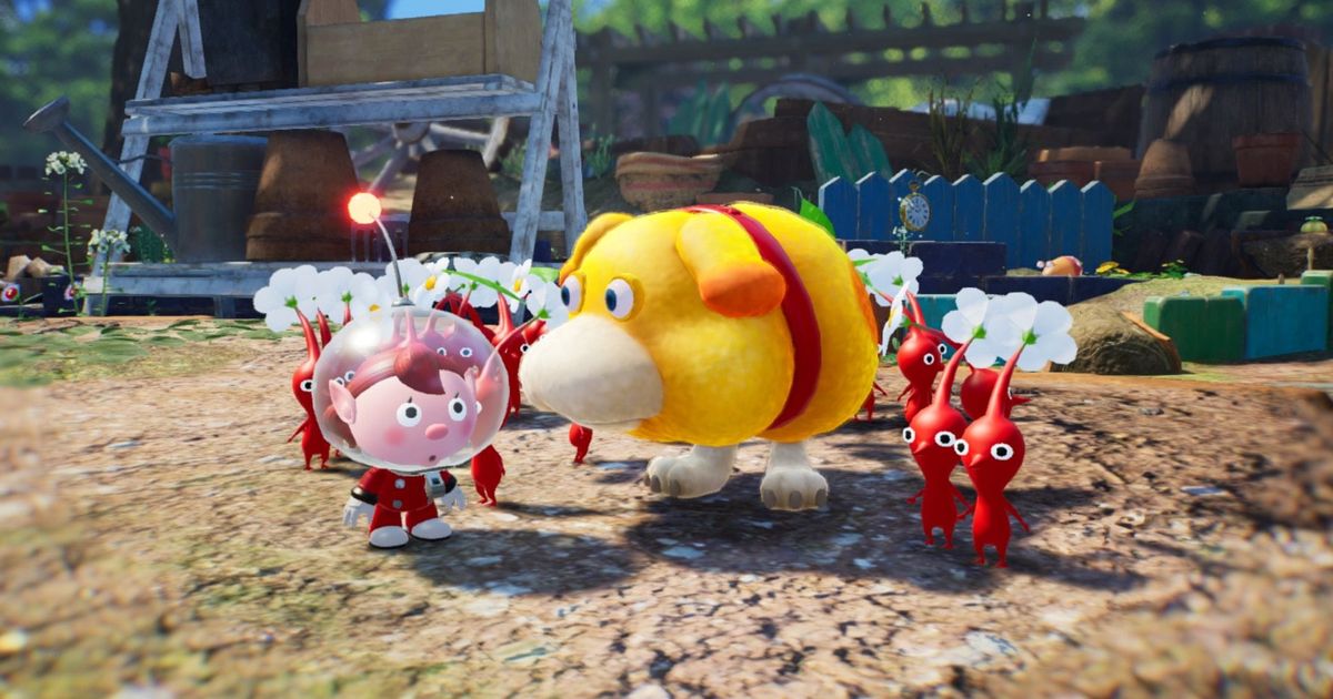 Pikmin 4 co-op gameplay, showing a group of Pikmin huddled around the dog Oatchi.