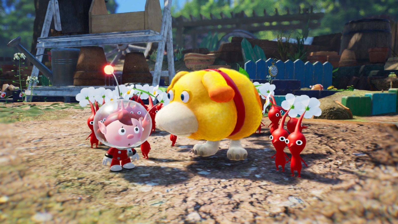 Pikmin 4 co-op gameplay, showing a group of Pikmin huddled around the dog Oatchi.