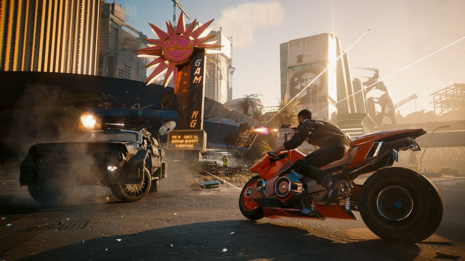 Cyberpunk 2077 players fighting while driving cars and riding motorbikes