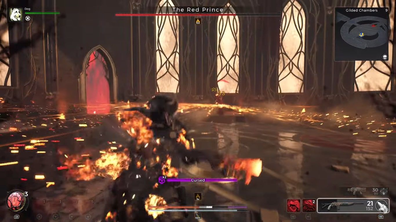A screenshot of the flame projectiles of the Red Prince in Remnant 2.