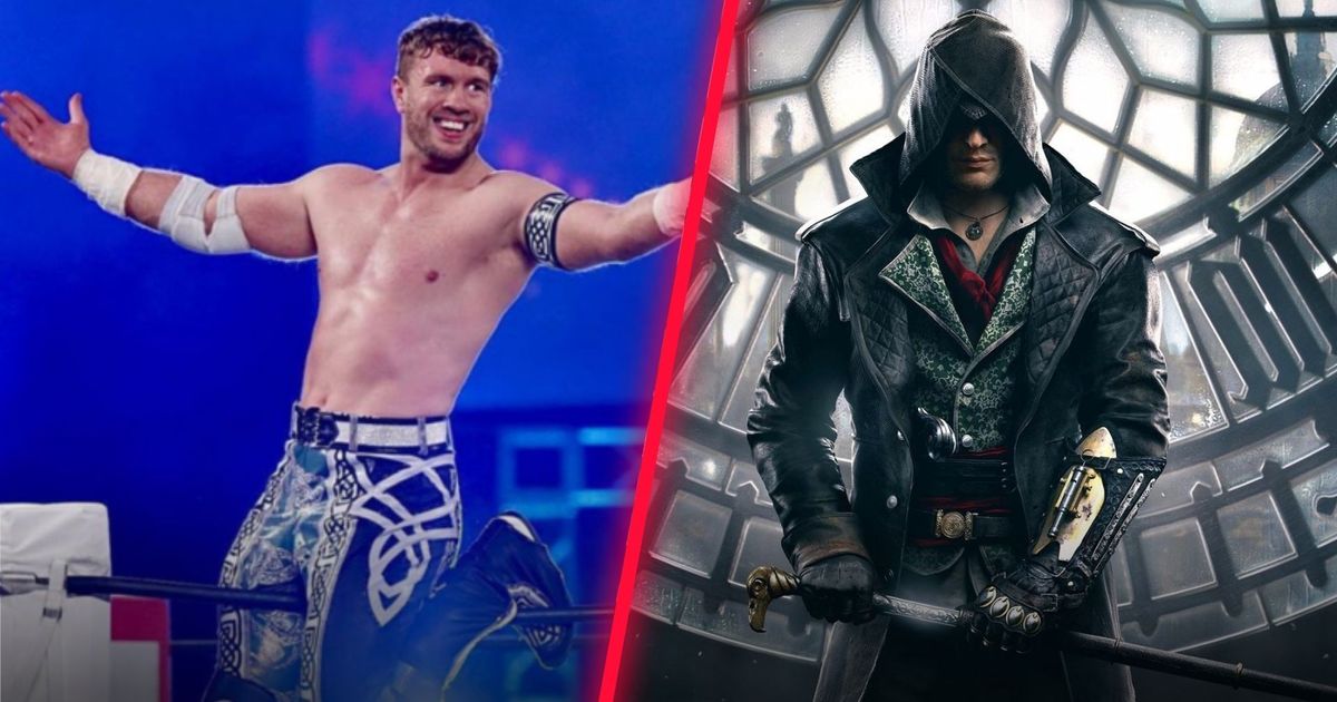 A side-by-side image of wrestler Will Ospreay and the main character from Assassin's Creed Syndicate