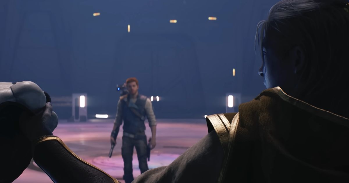 The so-far unnamed villain of Star Wars Jedi Survivor holds a Stormtrooper helmet. Cal Kestis stands in the backgrouund. 