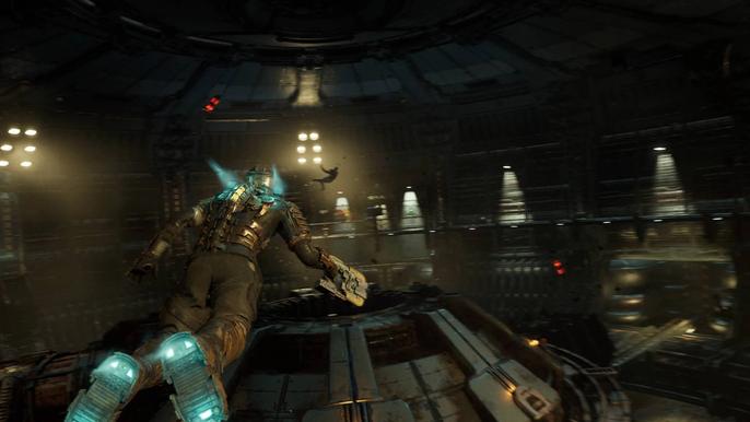 Isaac floating across a crater in a spaceship in the Dead Space remake.