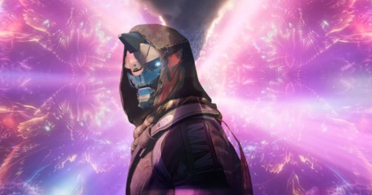Cayde-6 from Destiny 2 standing in front of a big purple glowing energy field