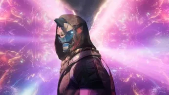 Cayde-6 from Destiny 2 standing in front of a big purple glowing energy field
