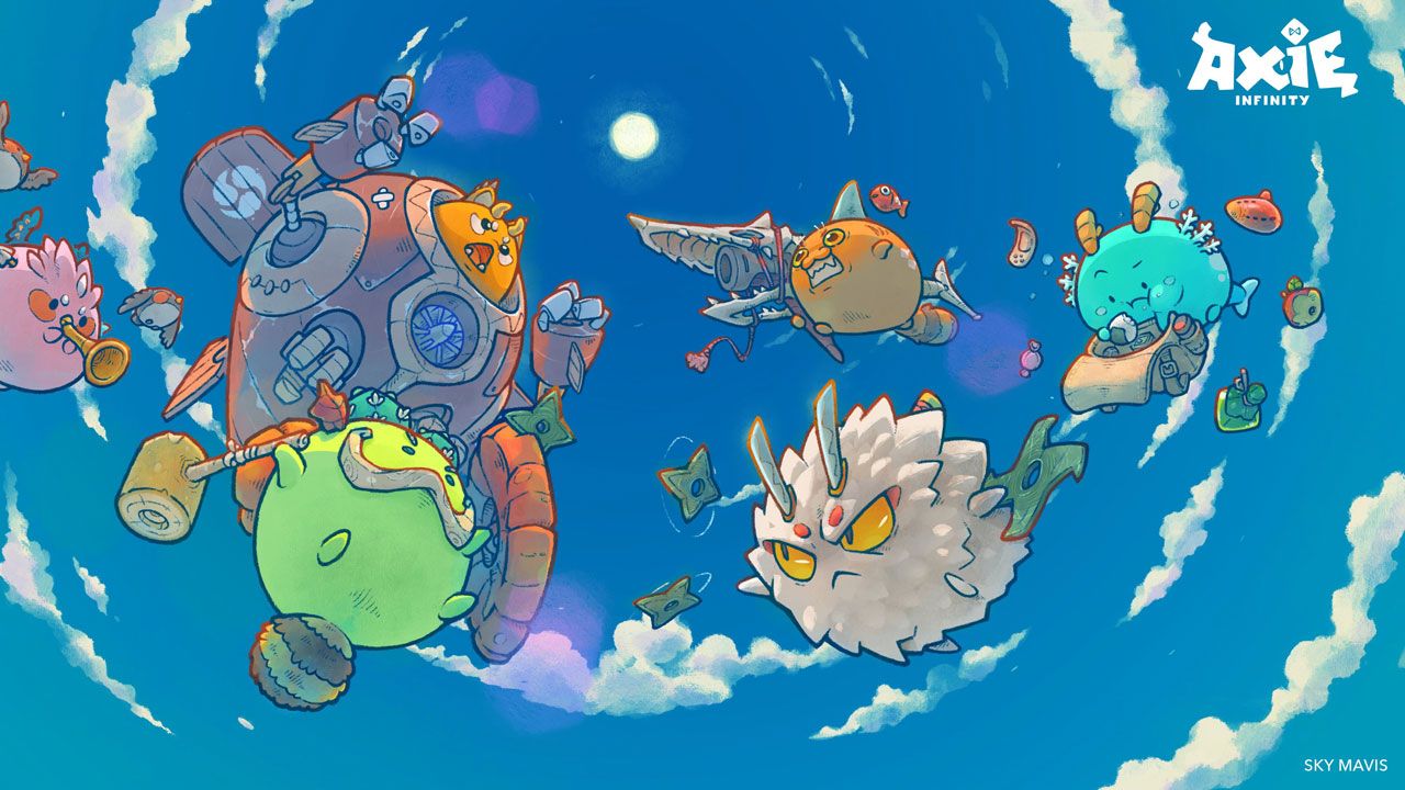 Axie's using ranged Axie Infinity cards to attack in the sky.