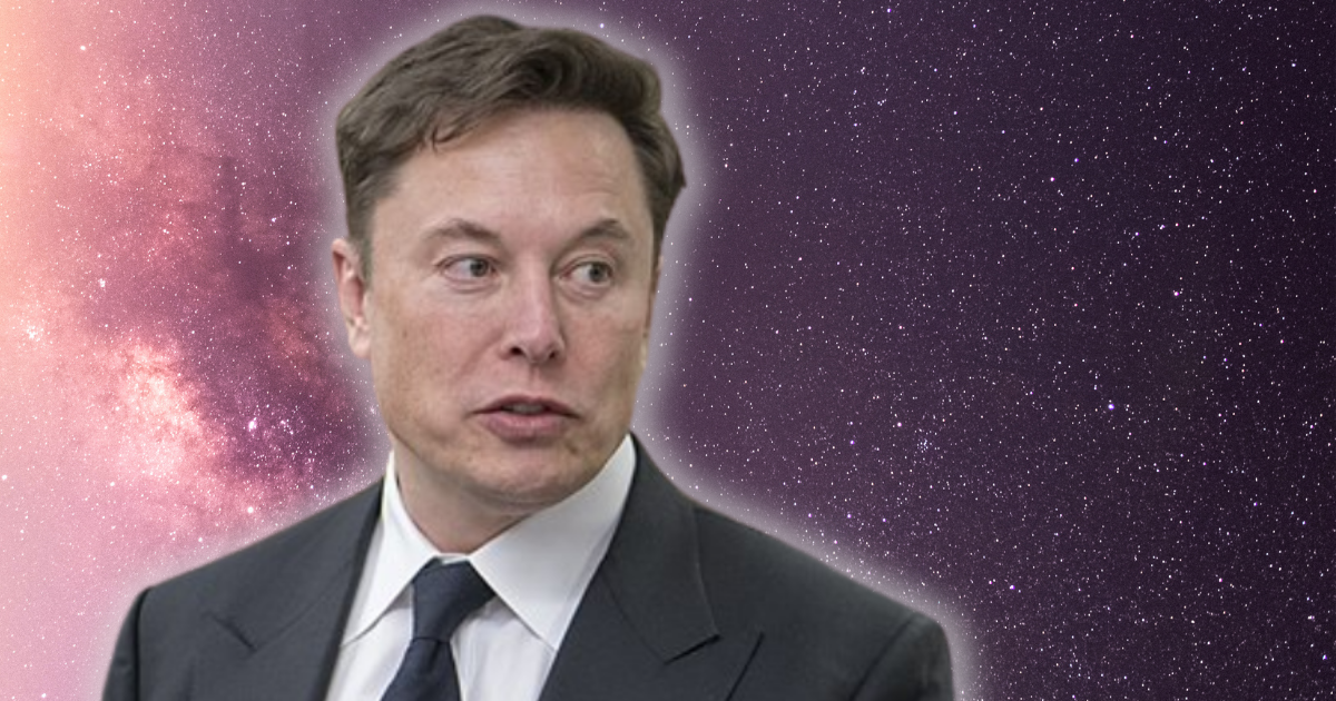 Image of Elon Musk in a suit, against a purple/pink space background