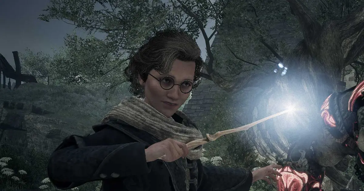 The character is using a magic wand in Hogwarts Legacy.