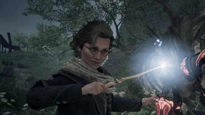 The character is using a magic wand in Hogwarts Legacy.
