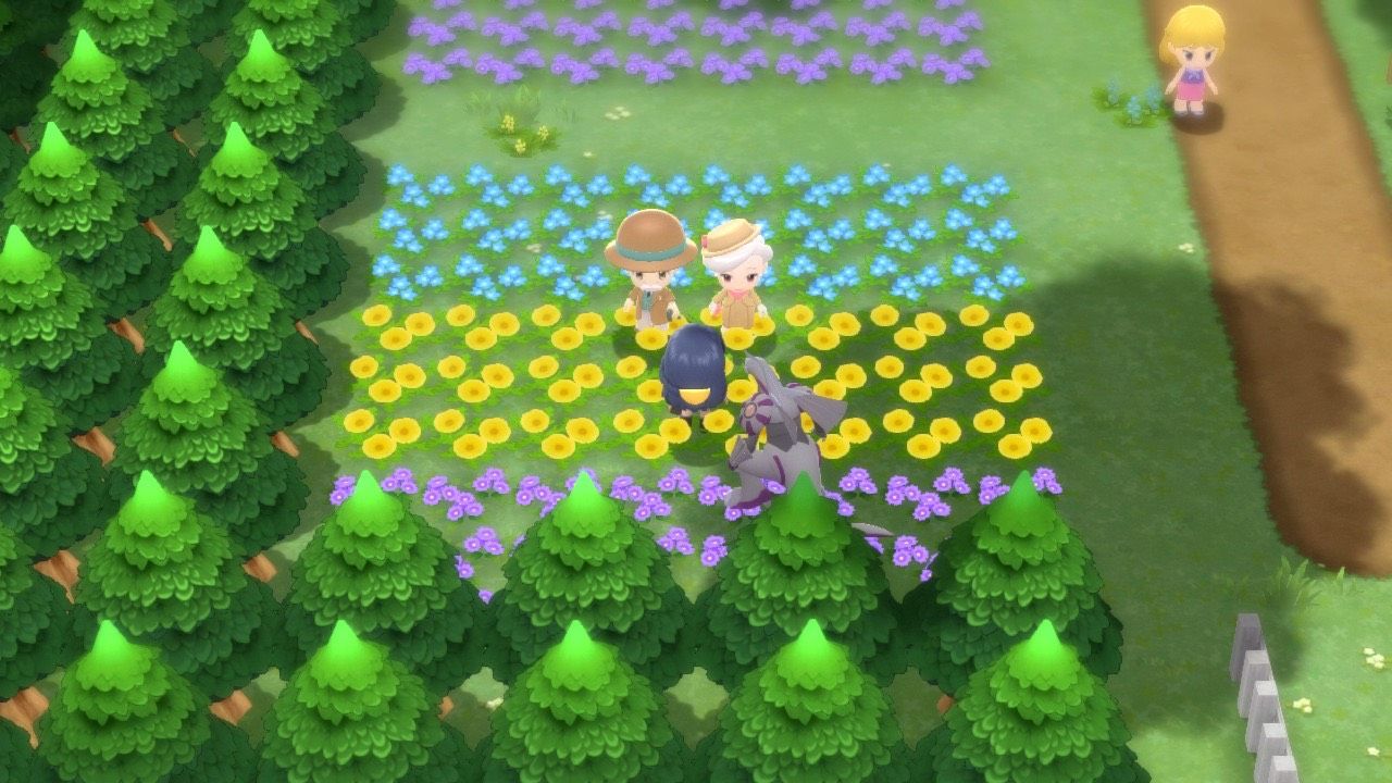 A Pokémon Trainer walking with their Palkia in Floarama Town facing an elderly couple in Pokémon Brilliant Diamond and Shining Pearl.