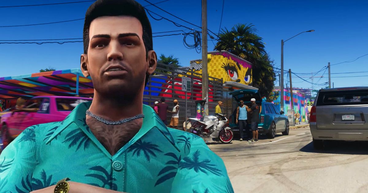 GTA 6 - screenshot of the streets of Vice City, with Tommy Vercetti in a blue hawaiian shirt pasted over the screenshot