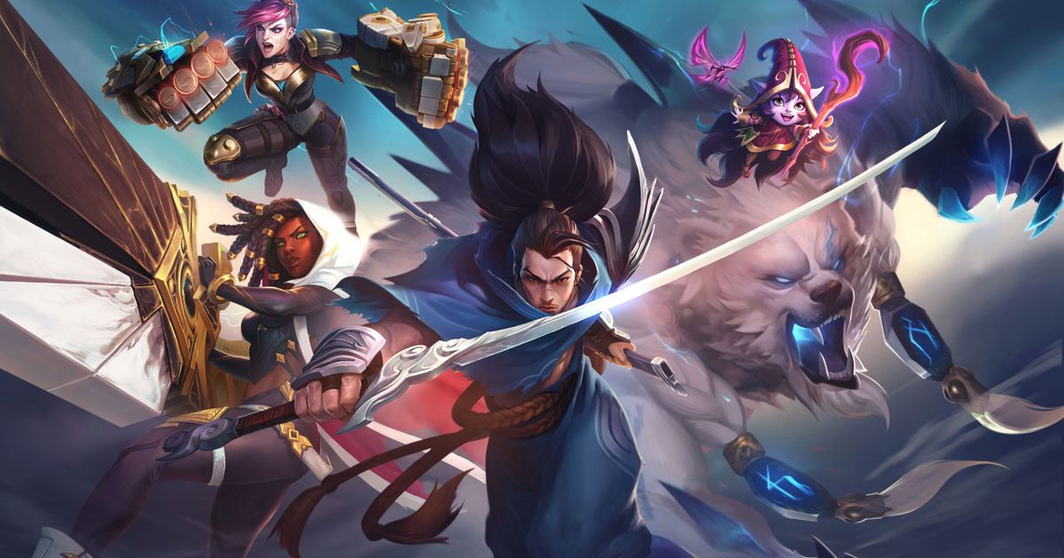 A collection of League of Legends characters, with the one in the middle wearing blue and holding a sword.