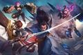 A collection of League of Legends characters, with the one in the middle wearing blue and holding a sword.