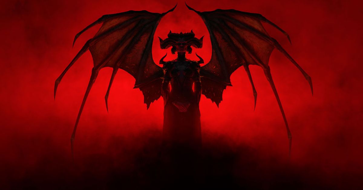 A character from Diablo IV in black shadowy smoke featuring wings and horns surrounded by red light.