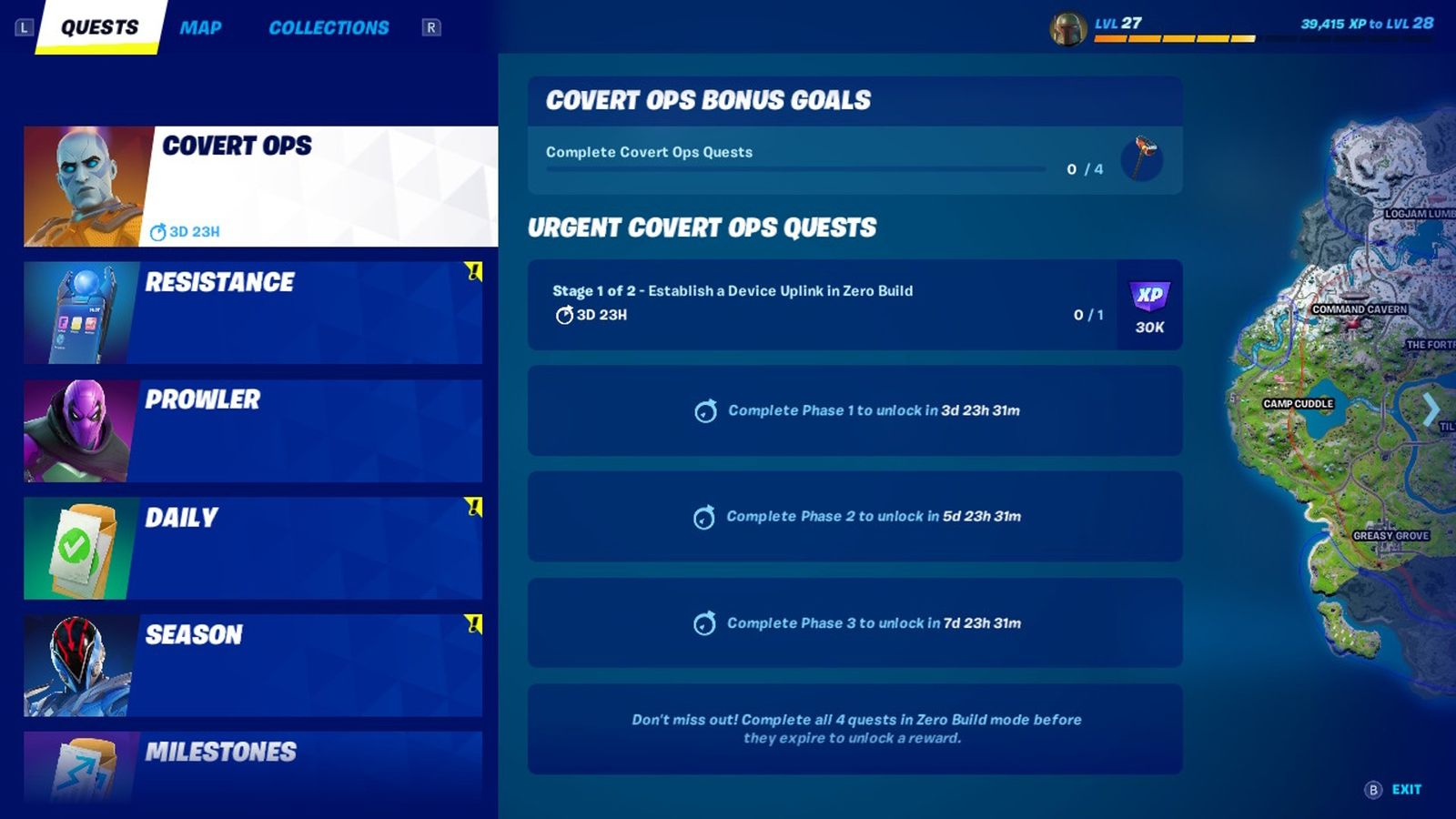 Image of the current Covert Ops objectives in Fortnite.