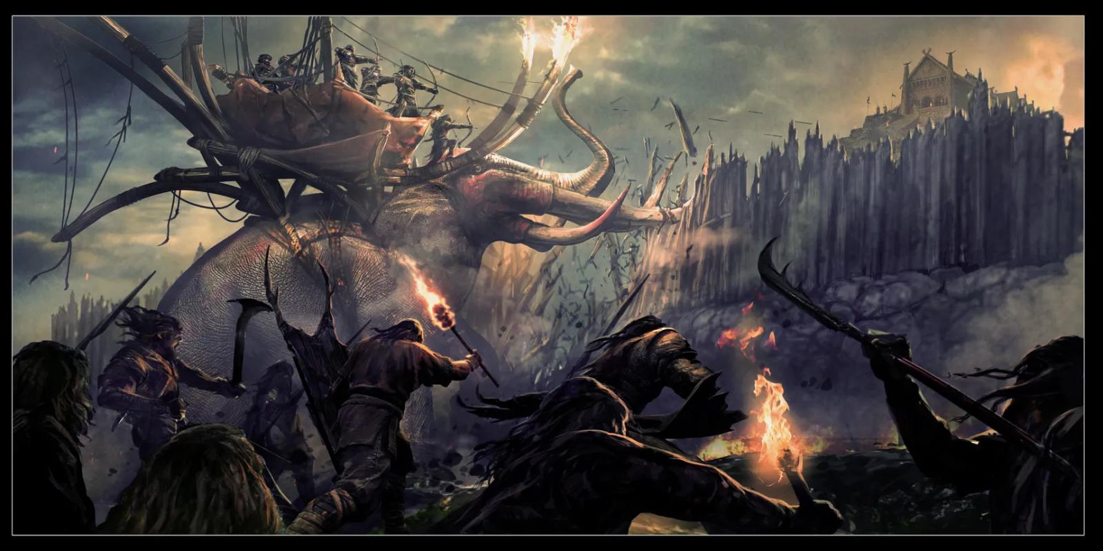 The Lord of the Rings art showcases a group of people riding an elephant.