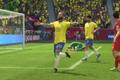 Screenshot of EA Sports FC Neymar wearing a Brazil kit with arms stretched in front of goal