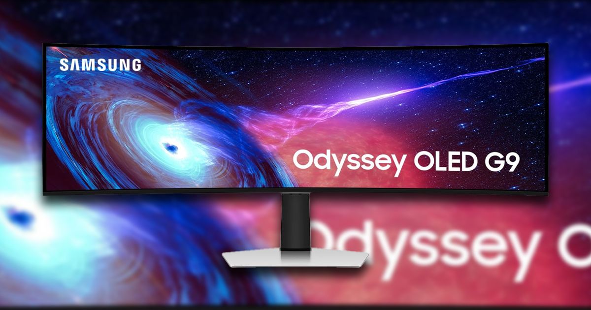 A light gray and black ultrawide monitor with a purple light going into a black hole on the display.