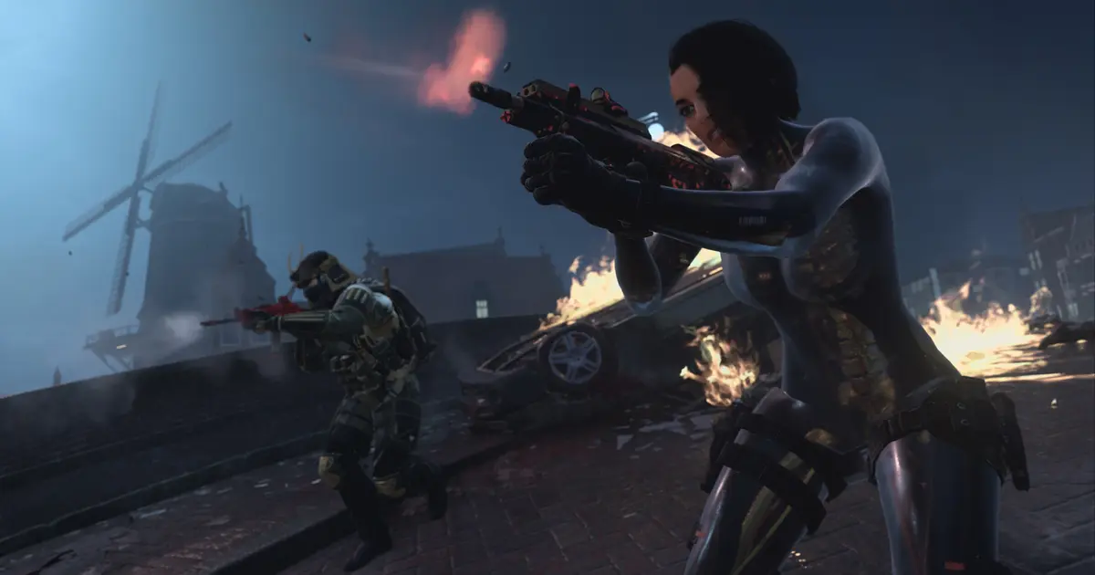 Modern Warfare 2 Valeria Operator firing gun with another player in background