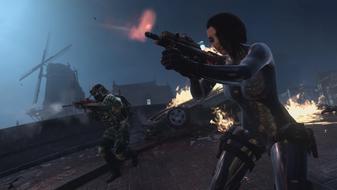Modern Warfare 2 Valeria Operator firing gun with another player in background
