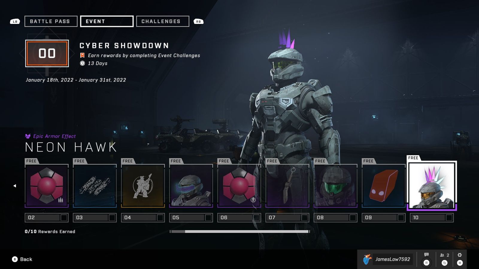 The Neon Hawk epic armour effect for the Cyber Showdown Halo Infinite event. It features a glowing multicoloured mohawk on top of the Spartan's head.