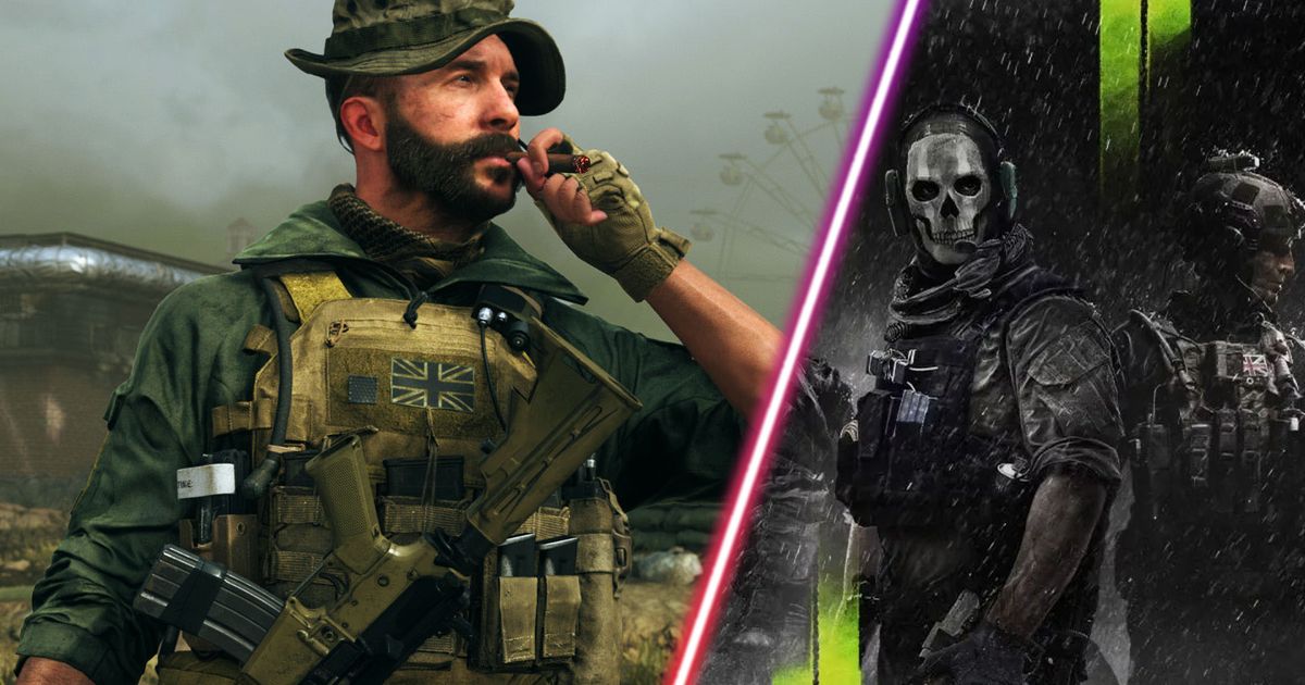 Screenshot of Call of Duty Captain Price smoking cigar and Ghost from Modern Warfare 2 standing near soldier on green and black baground