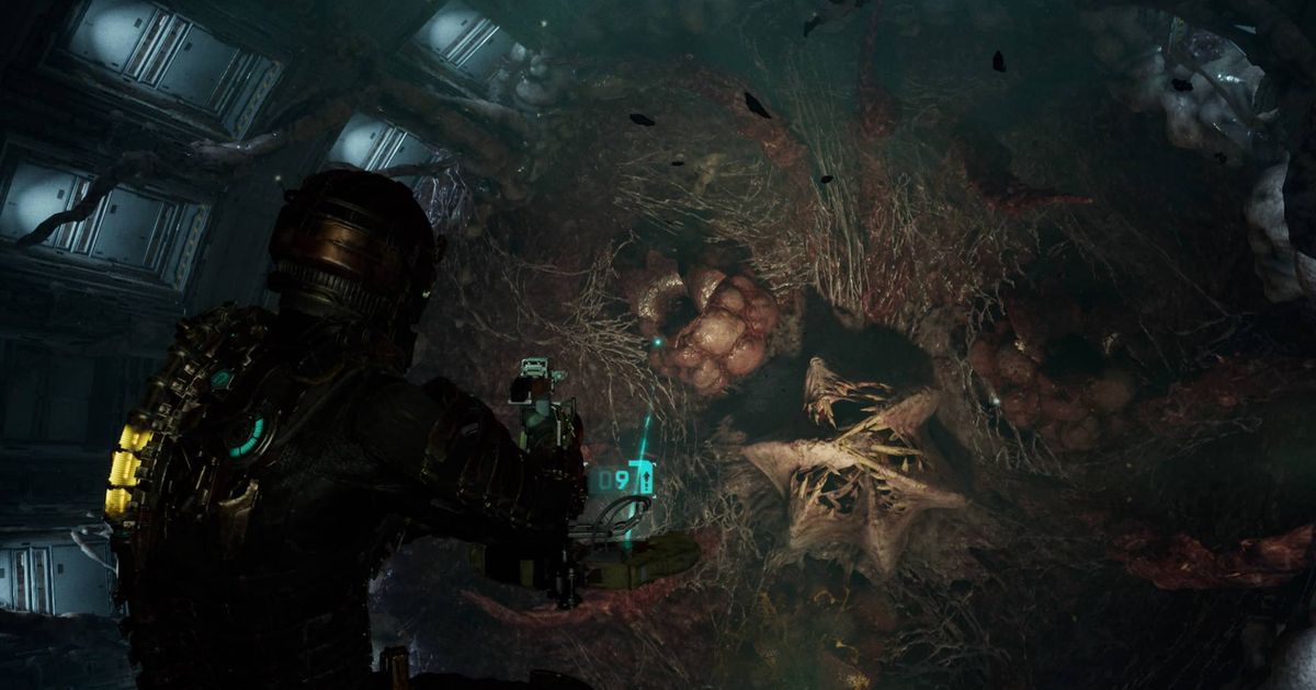 Isaac shooting at one of the Leviathan's tendrils in the Dead Space remake.