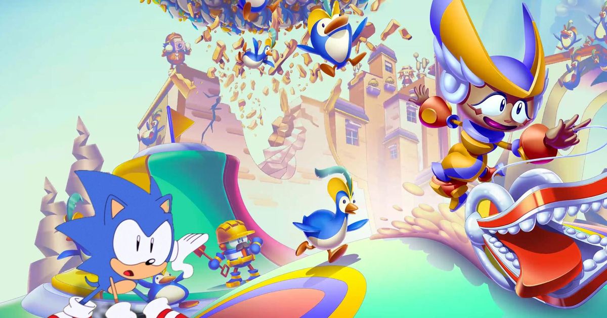 Penny's Big Breakaway key art showing Penny and her yoyo running away from Penguins while Sonic is stuck trailing behind