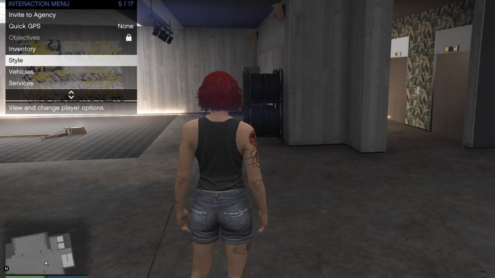GTA Online Character Style Change Interactions menu. Player is in their Agency garage and the small interactions menu is on the top left of the screen.