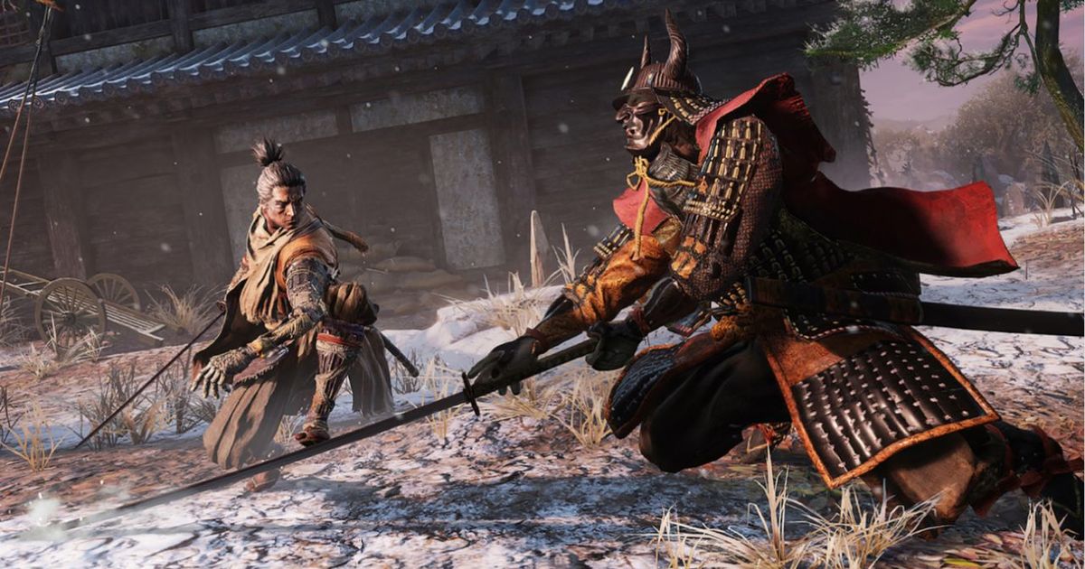 Two characters are fighting each other in Sekiro.