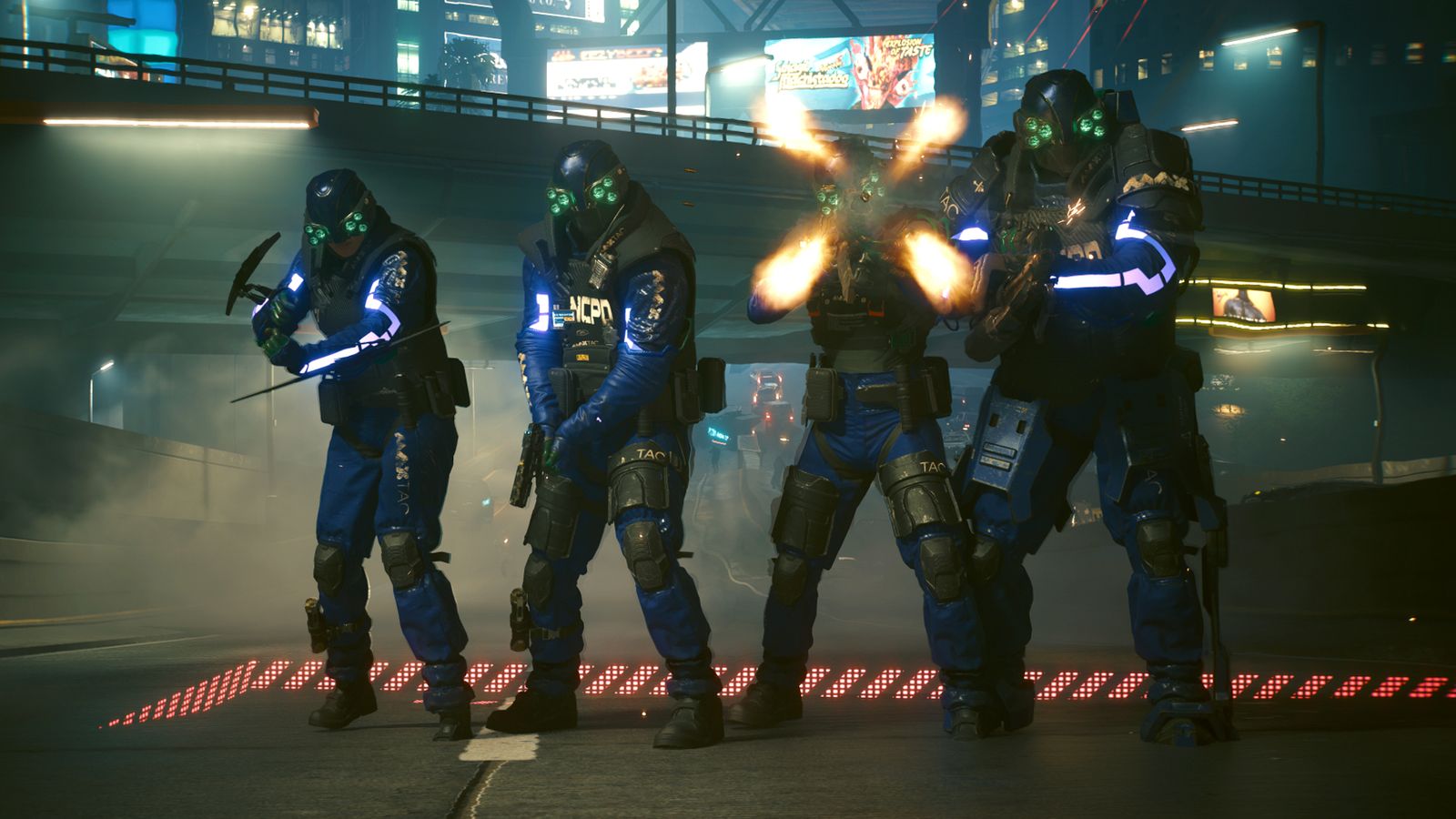 Cyberpunk 2077 MaxTac squad of four lined side by side on a road