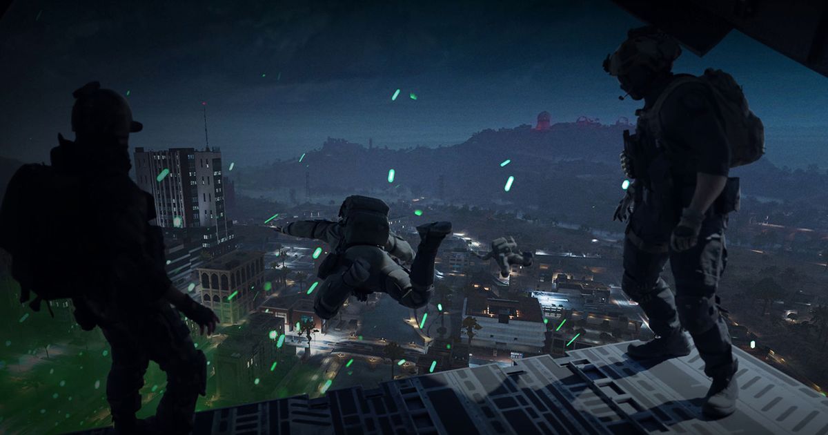 Warzone players jumping out of plane into night-time town