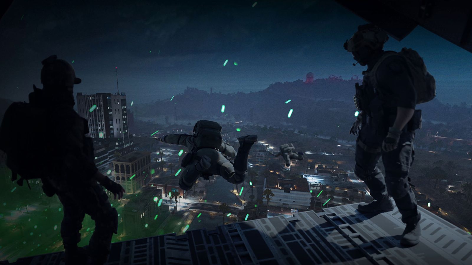 Warzone players jumping out of plane into night-time town