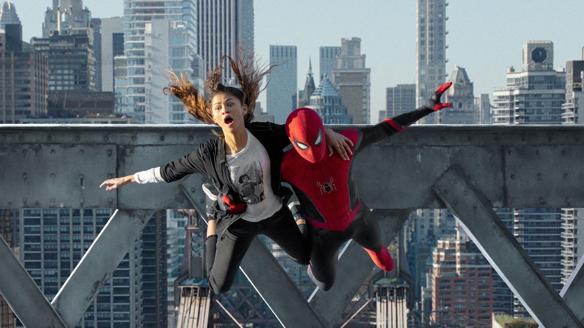 Spider-Man and MJ jump off a bridge and are in mid-air.