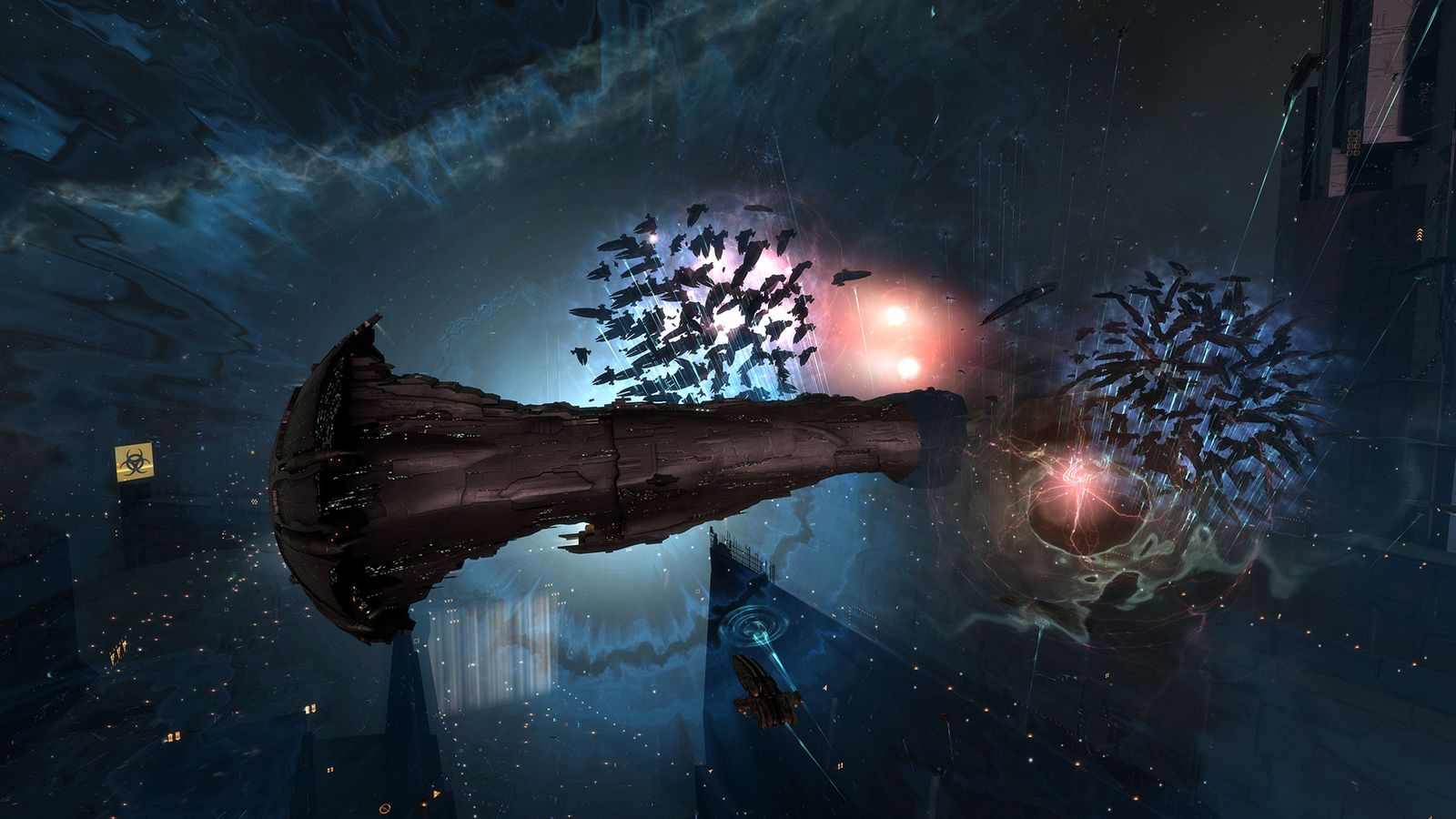 Image of a spaceship being flanked by smaller starships in EVE Online.