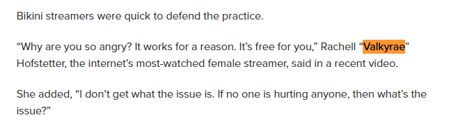 In this caption is words, they show Valkyrae being quoted directly after "Bikini streamers were quick to defend the practice."