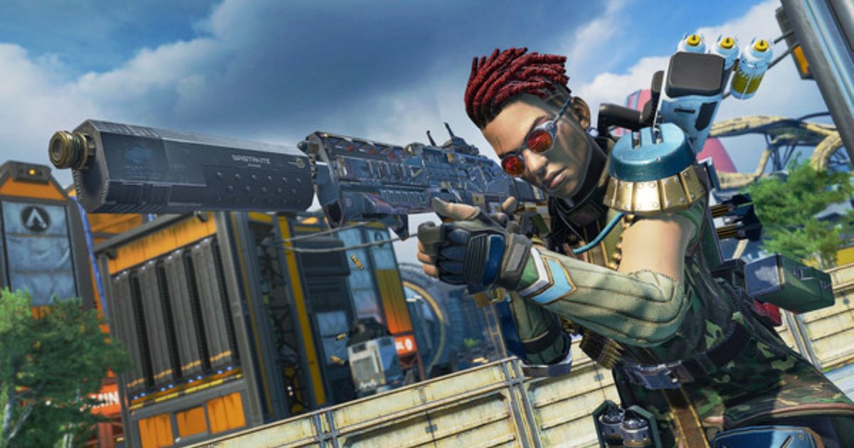 Apex Legends Bangalore holding a gun aiming down the sights in Radical Action Legendary Season 8 Bangalore Skin