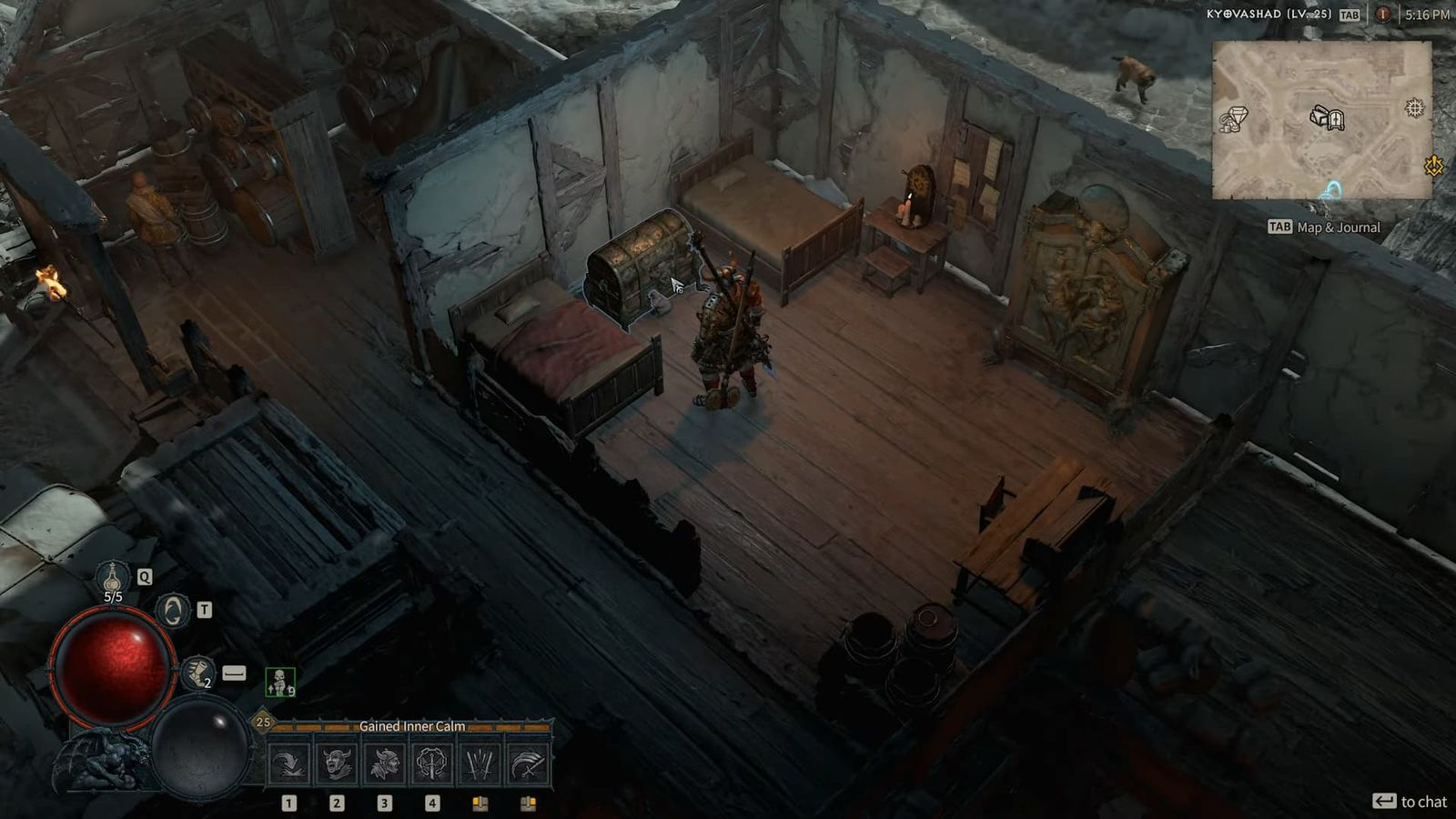 Character in Diablo 4 accessing the stash in Kyovashad.