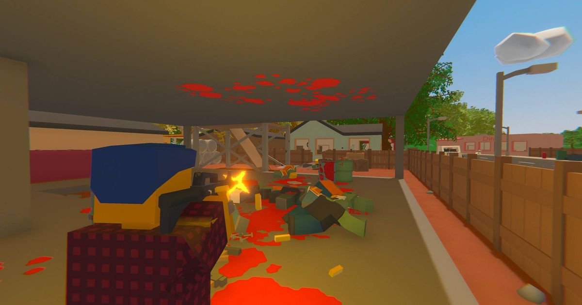 A soldier shooting zombies in Unturned.