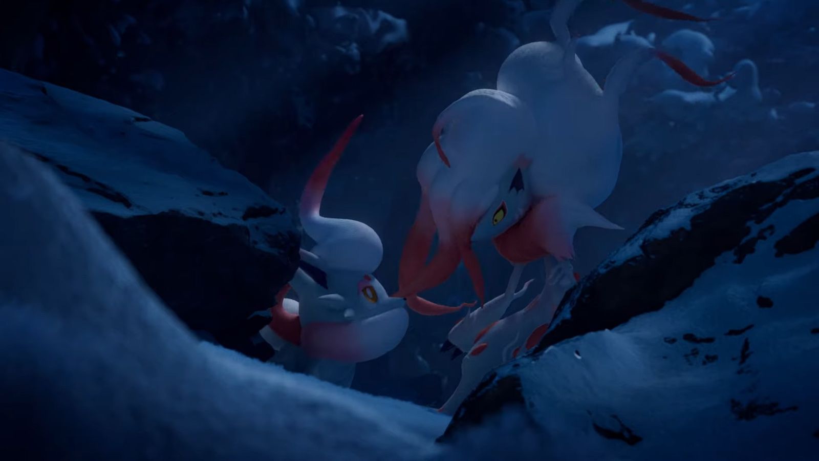 Hisuian Zorua and Zoroark look at each other in a dark, snowy, forest.