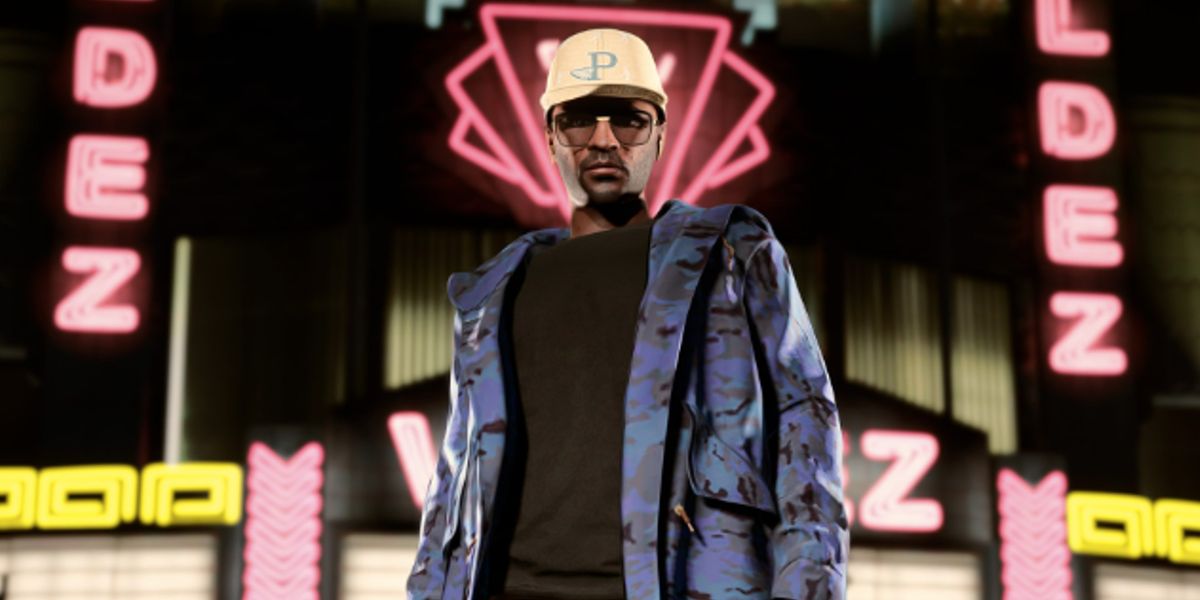Image of a character wearing a blue coat and yellow hat in GTA Online.